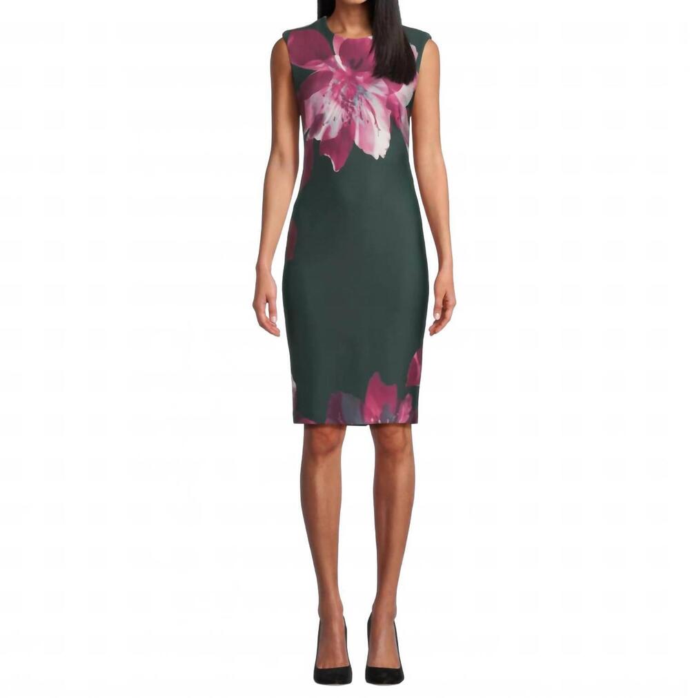 NEW CALVIN KLEIN cal sleeve floral sheath dress in grey/aubergine mutli
